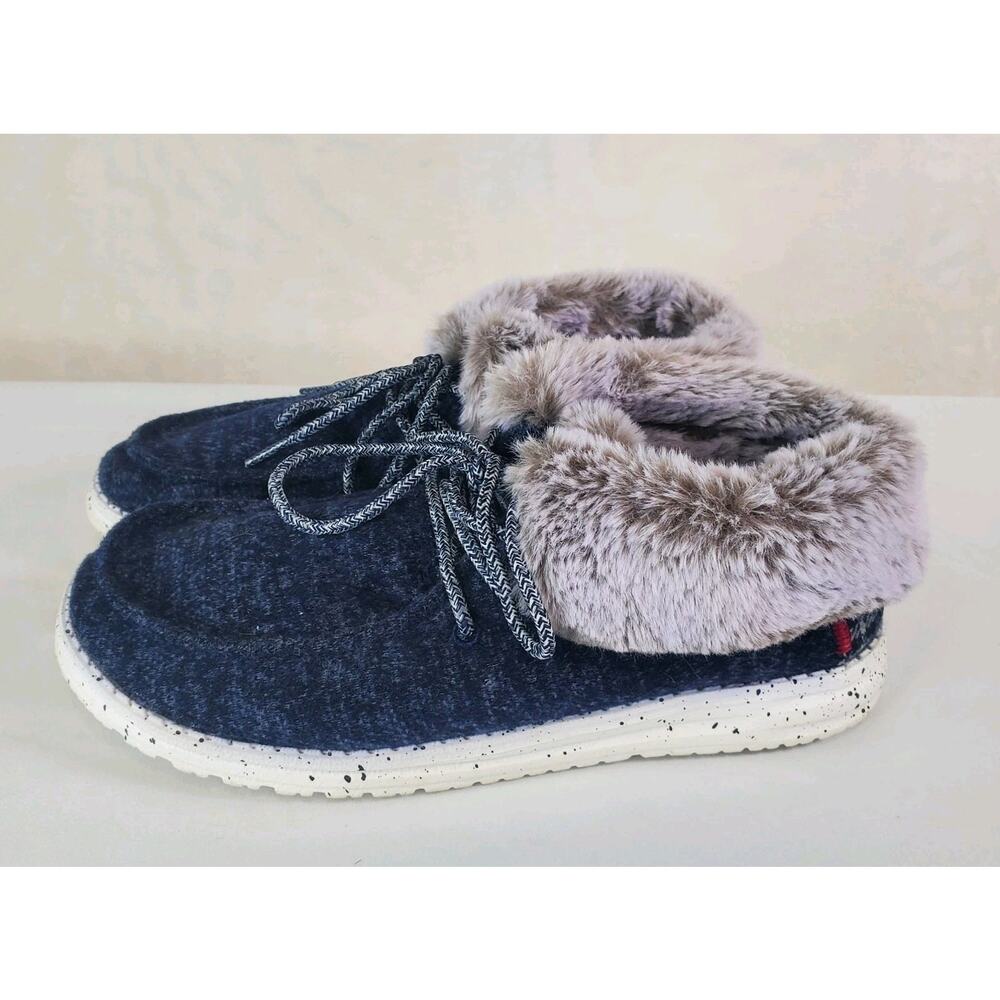 Hey Dude Sz 7 Britt Ankle Bootie Blue Fleece Slip On Comfort Shoe Slipper Boot
